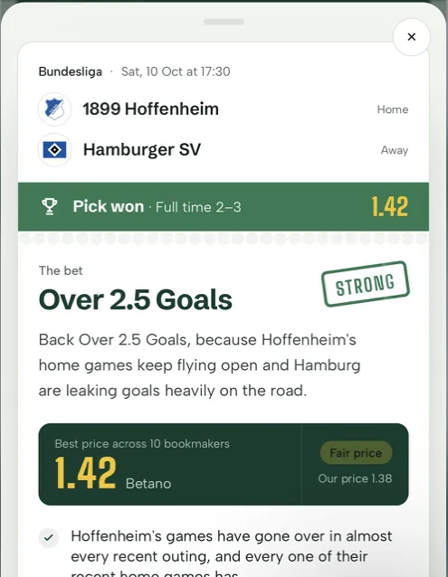 A topplay.tech pick card: Hoffenheim v Hamburger SV, Over 2.5 goals, pick won 2–3